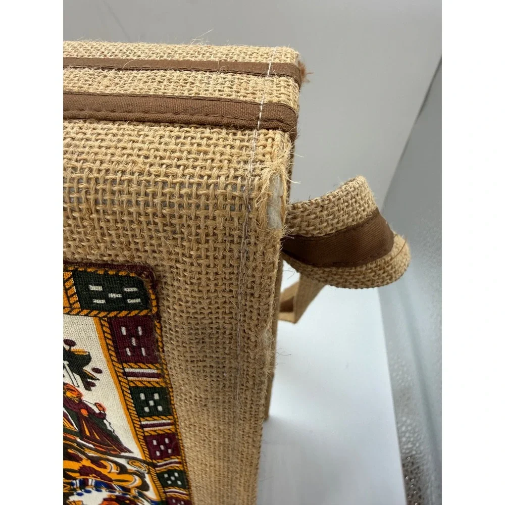 Jute Messenger Bag Indian Tapestry Folk Art Burlap Satchel Ipad Bag Tan Multi